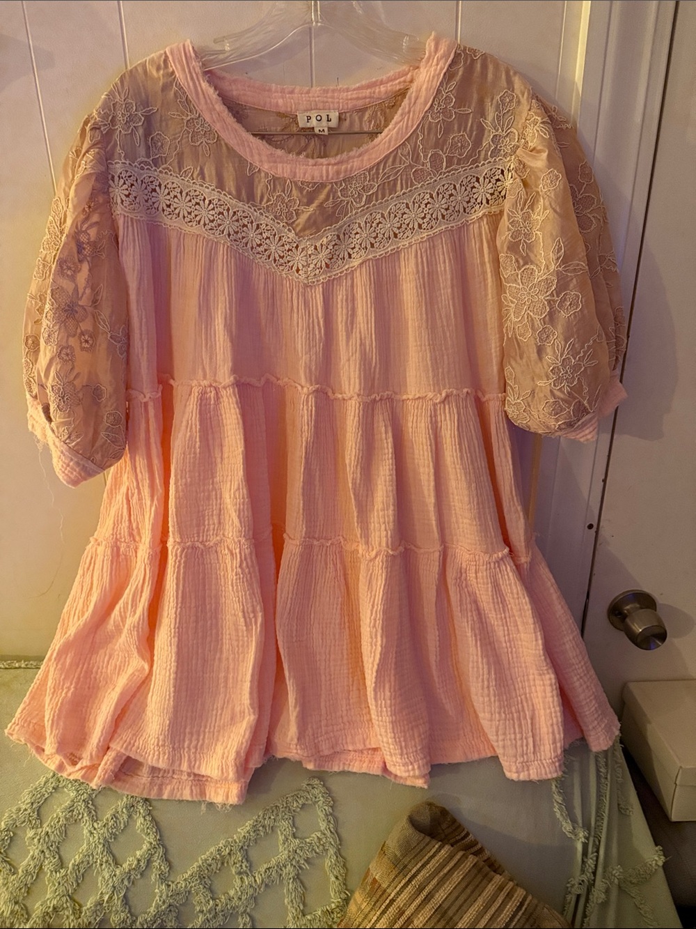 POL Blush Pink Lace Yoke Tiered Peasant Dress or Tunic